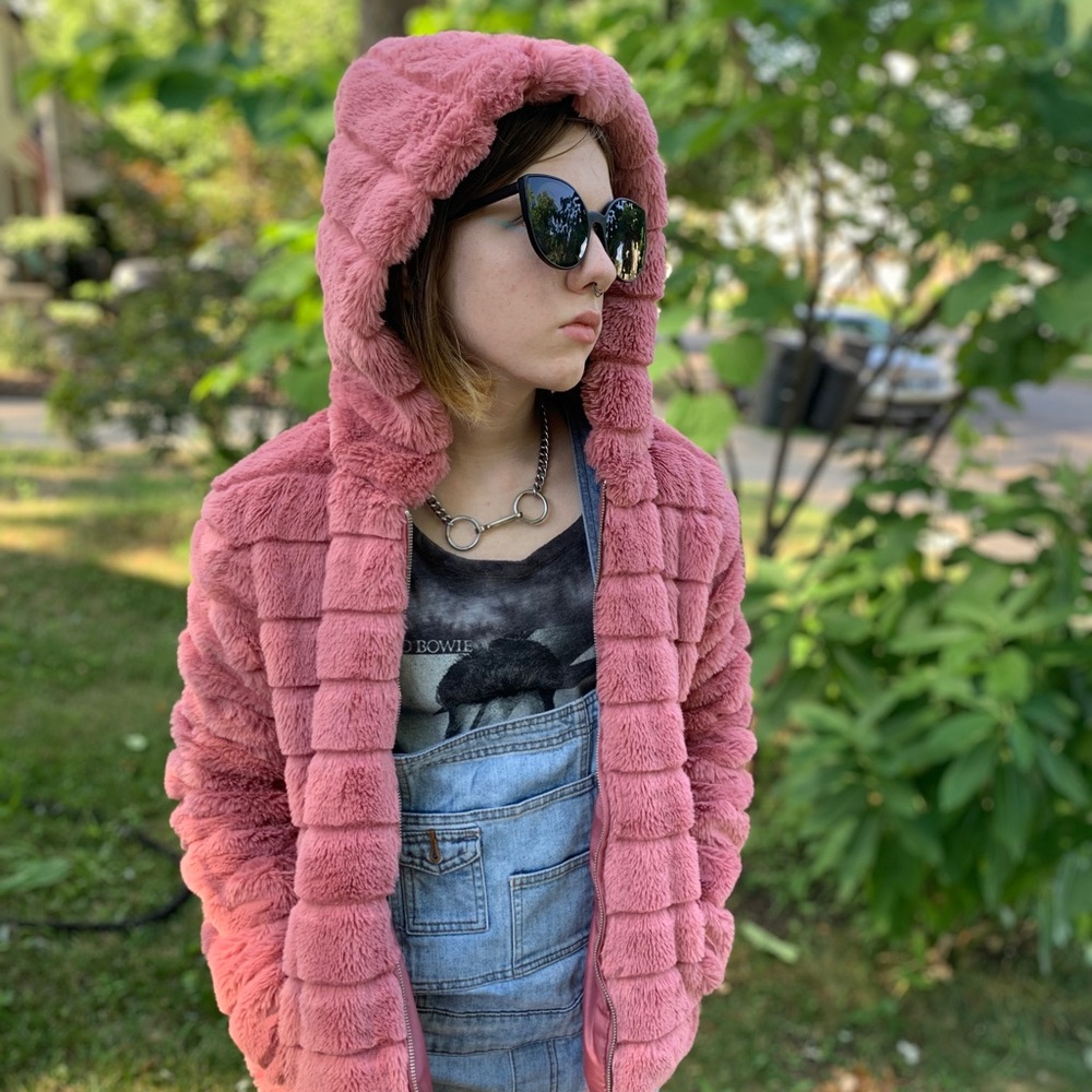 SAY WHAT? Soft Pink Faux Fur Hooded Jacket US Womens Size M EUC